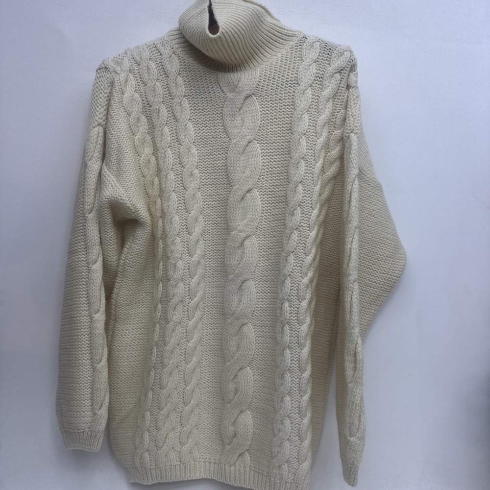 Lands' End Women's Turtle Neck Sweater M Cable Knit Blue Faced Leicester Wool